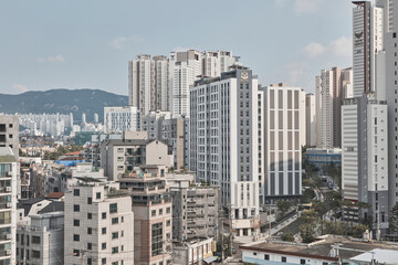 Obraz premium Dense City Skyline with Mountains on the Horizon