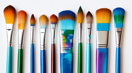 Fototapeta premium A vibrant collection of various paint brushes arranged neatly, showcasing colorful bristles and artistic potential.