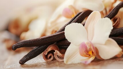 Plakat Beautiful composition of vanilla pods and delicate orchids for aromatic and culinary themes.