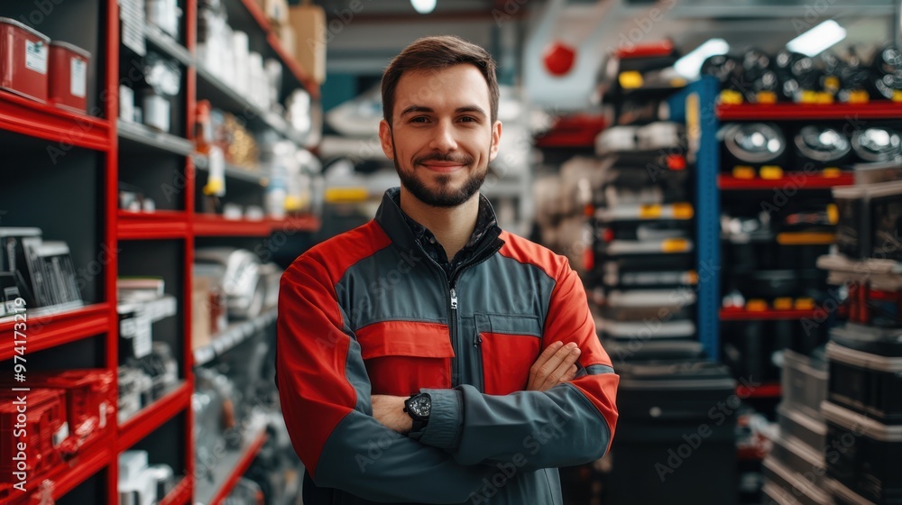 Wall mural smiling mechanic in auto parts store