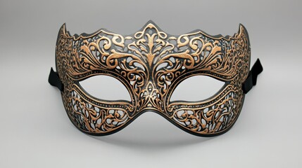 Elegant decorative mask with intricate patterns in bronze and gold colors, perfect for masquerade balls or themed events.