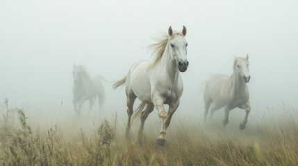 Obraz premium Three white horses run through the mist in a grassy landscape, creating an atmosphere of freedom and mystery