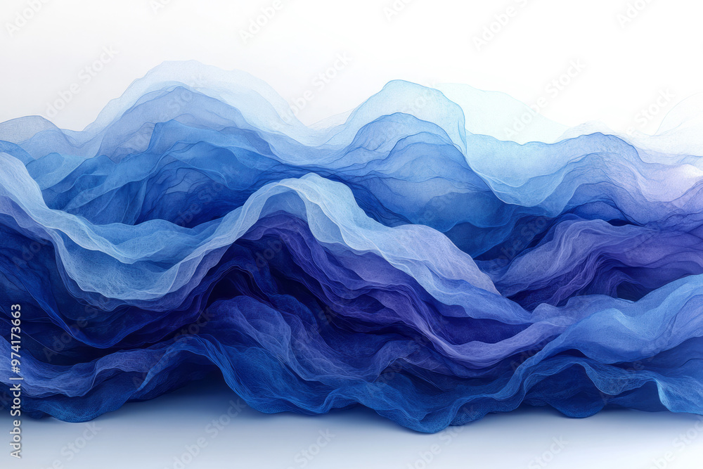 Poster an abstract composition with layered blue and indigo waves creating depth,
