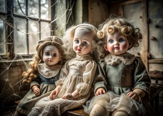 Fototapeta premium Eerie antique porcelain dolls with cracked faces and faded painted-on smiles sit in a dusty, dimly lit abandoned