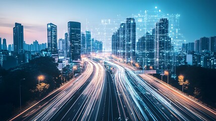 Obraz premium A tech-driven cityscape where blockchain and IoT systems power smart living, secure transactions, and efficient transportation