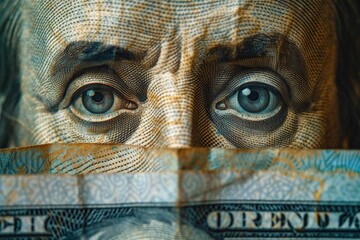 A close-up of Benjamin Franklin's eyes from a dollar bill, detailed and intense, partially obscured by the folded bill.