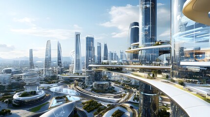 A panoramic view of a tech-driven city where blockchain-secured transactions and IoT-powered infrastructure define everyday life