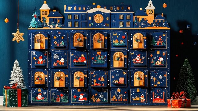Colorful advent calendar with festive decorations, showcasing holiday spirit and bringing joy to the countdown before Christmas.