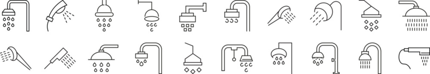 Collection of Icons of Shower. Suitable for books, stores, shops. Editable stroke in minimalistic outline style. Symbol for design