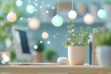 Cozy Modern Workspace with Greenery and Soft Lighting for a Productive and Relaxing Environment