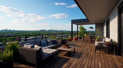 Obraz premium Stylish rooftop terrace view with dark wood deck, lush plants, brick fence, and black furniture