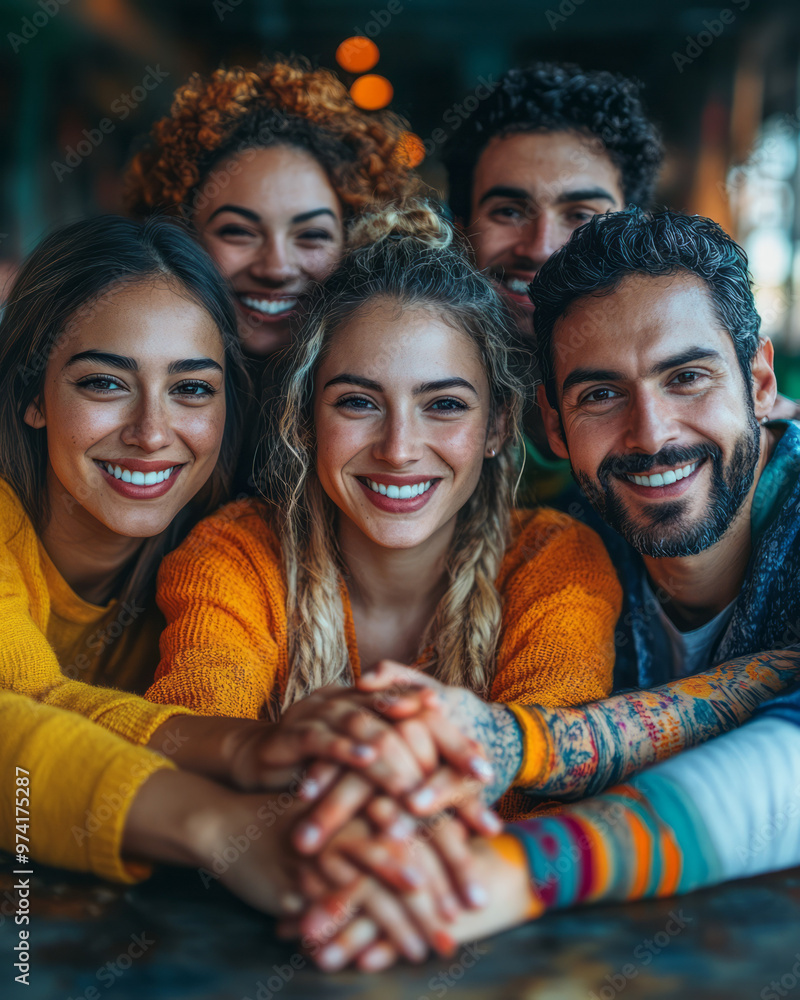 Poster a team of people from different cultural backgrounds smiling and stacking hands in unity,