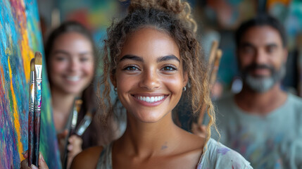 Fototapeta premium A diverse group of artists holding paintbrushes and smiling in a studio,