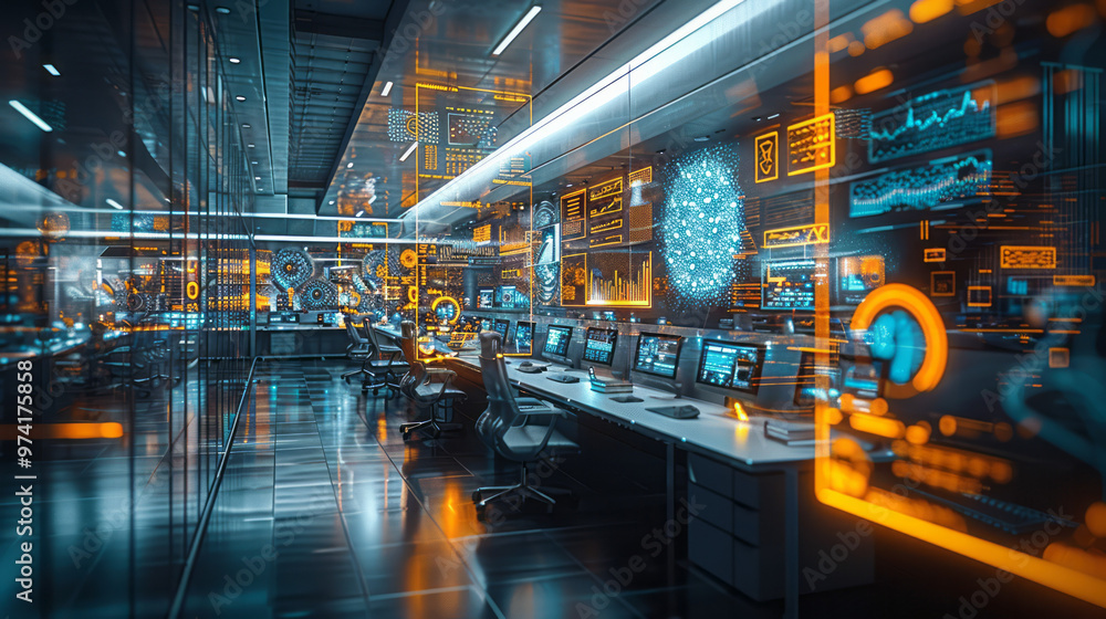 Poster a high-tech open-plan workspace with employees working on futuristic computers,