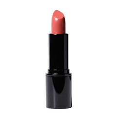 Obraz premium A sleek black lipstick tube featuring a soft nude shade, ideal for beauty and makeup product displays.