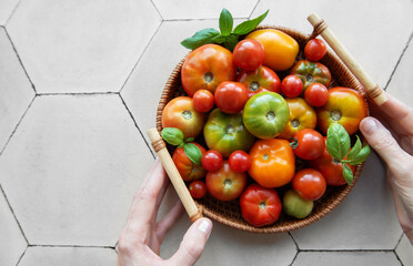 Colorful assortment of fresh tomatoes and herbs in a wicker basket on a light-colored hexagonal tile surface