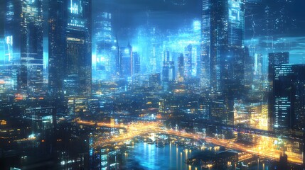 Naklejka premium A panoramic view of a futuristic city illuminated by blockchain-secured infrastructure and IoT-powered smart systems