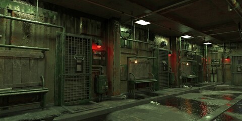 Gritty cyberpunk style prison interior with neon lights, damp walls, and barred cells.