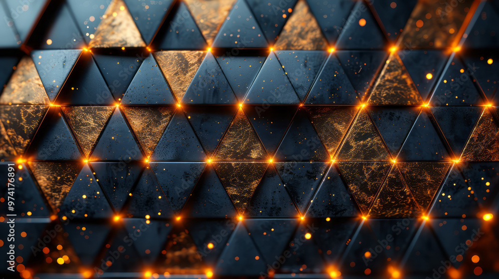 Poster an abstract design featuring interlocking gold and black triangles with a reflective metallic finish