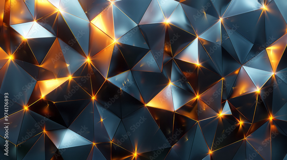Poster an abstract design featuring interlocking gold and black triangles with a reflective metallic finish