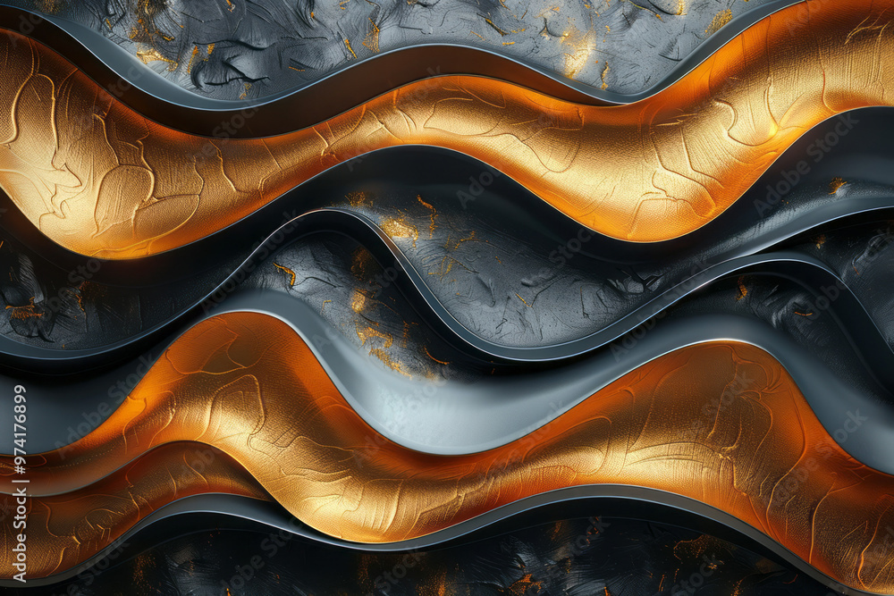 Poster A pattern of swirling golden lines intersecting with bold black rectangles,