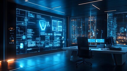 A futuristic office where blockchain and IoT systems work together to secure data and enhance productivity