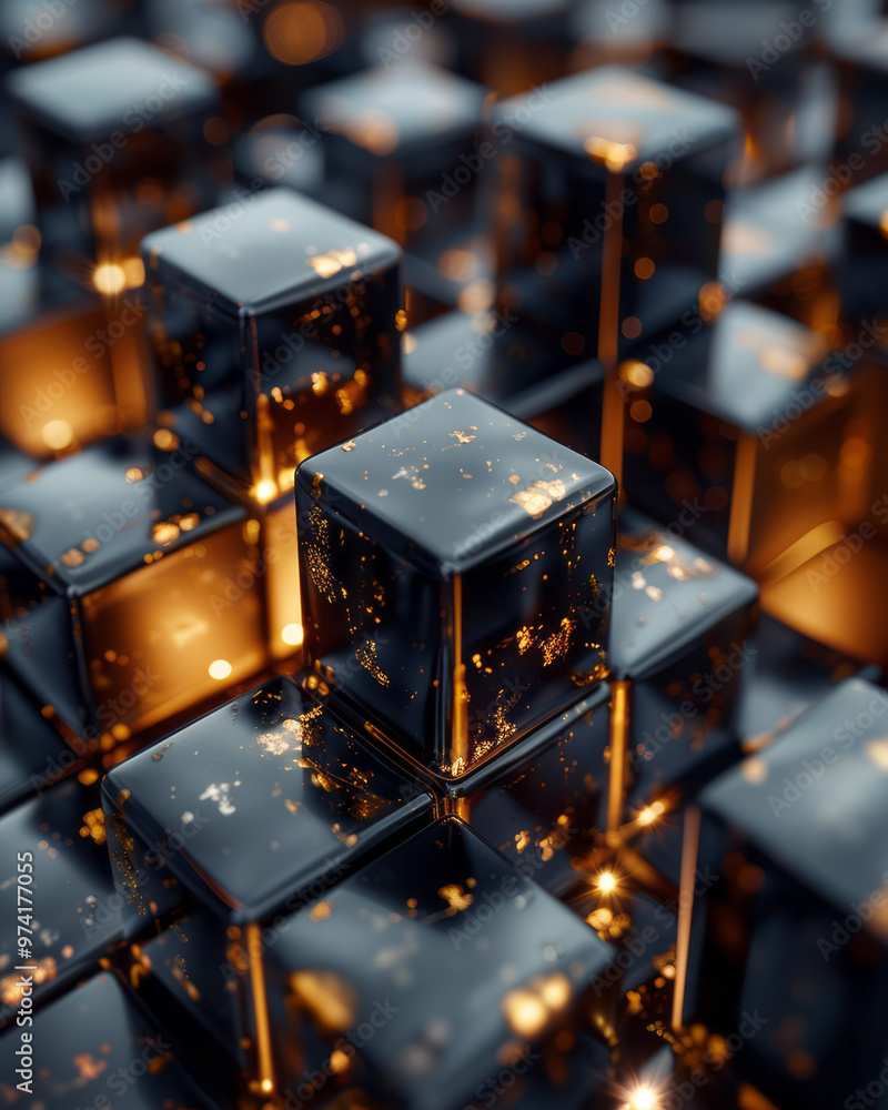 Poster a series of black and gold geometric cubes stacked and interwoven in a surreal, abstract pattern,