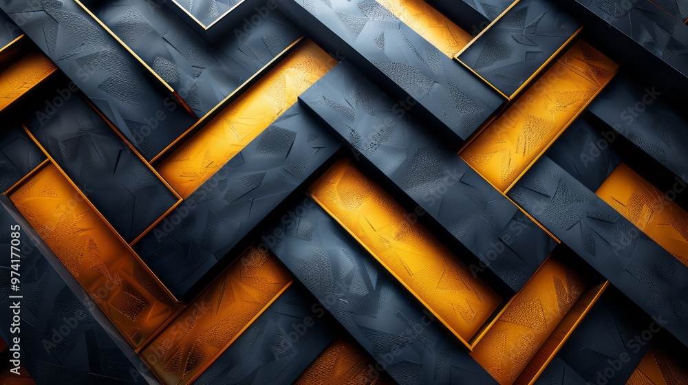 Poster A bold abstract composition of intersecting black and gold zigzag lines with a three-dimensional effect,