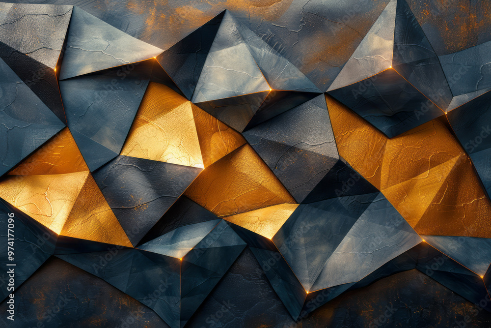 Aufkleber an abstract background with overlapping gold and black geometric polygons, accented by soft shadows,