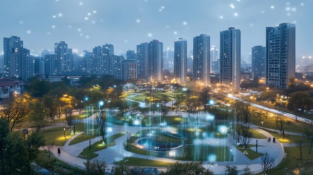 A smart city park where blockchain and IoT devices create interactive digital experiences for citizens