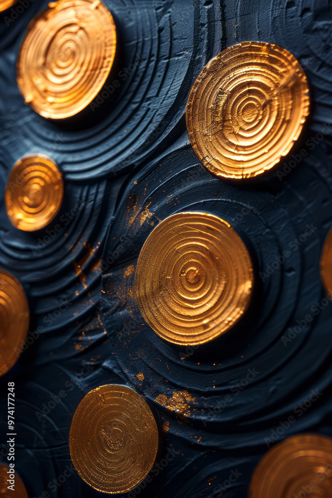 Poster A collection of concentric gold circles on a matte black backdrop, creating a sense of depth and movement,
