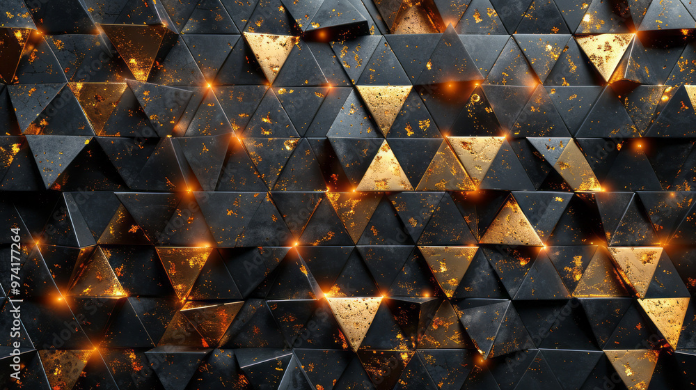Poster An abstract mosaic of gold and black triangles with varying sizes and angles,