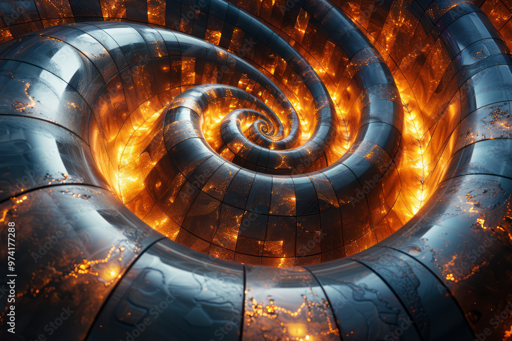 Poster a composition of golden spirals and black squares intertwined, creating an abstract vortex,
