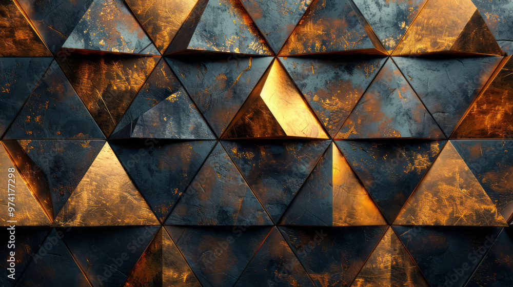 Aufkleber An abstract mosaic of gold and black triangles with varying sizes and angles,