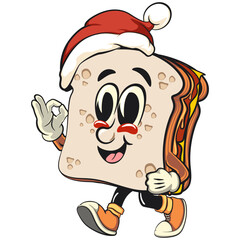 sandwich bread cartoon character mascot retro vector design walking while wearing a Santa hat calmly, work of hand drawn