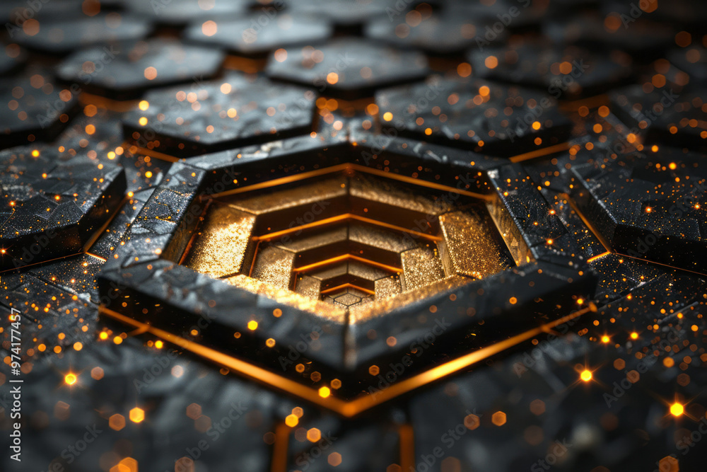 Poster An abstract fractal pattern of gold and black hexagons expanding from a central point,