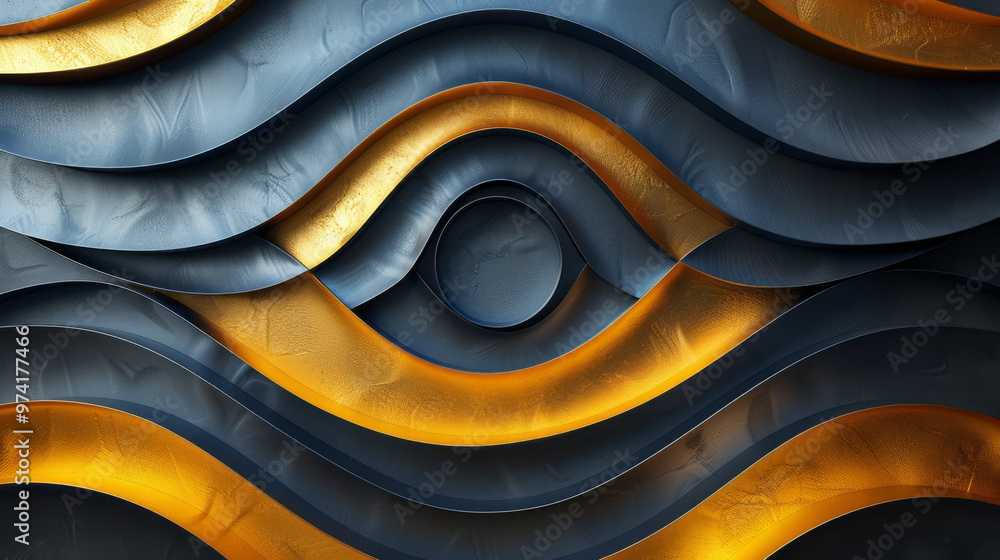 Aufkleber Abstract overlapping gold and black circular arcs forming a layered geometric design,