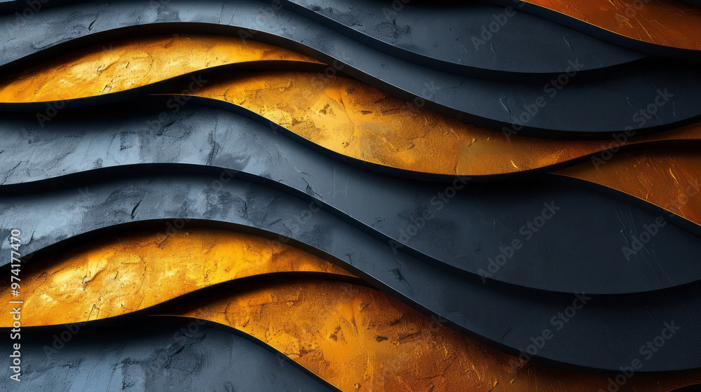 Poster abstract overlapping gold and black circular arcs forming a layered geometric design,