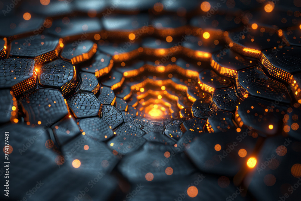 Aufkleber An abstract fractal pattern of gold and black hexagons expanding from a central point,