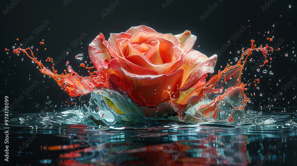 Poster an explosion of vibrant paint splashes creating the shape of a blooming rose on a black background,