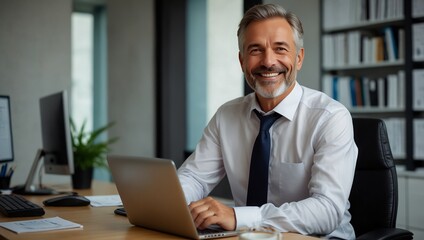 Office, smile and mature man at computer with confidence, research and professional at consultancy. Advisor, project manager or happy businessman at desk for online support in business development