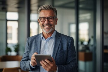 Portrait of happy 50 years old business man executive standing in office using digital tablet. Middle aged businessman manager business owner working on professional finances project looking at camera