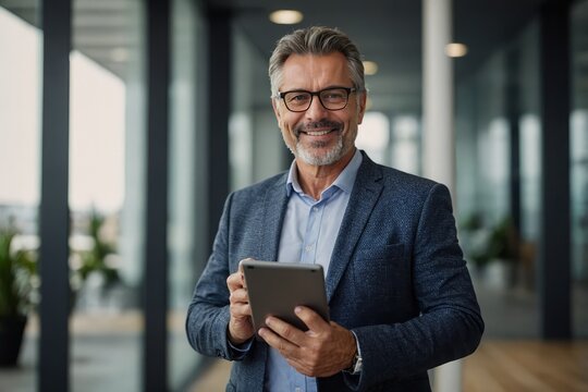 Portrait of happy 50 years old business man executive standing in office using digital tablet. Middle aged businessman manager business owner working on professional finances project looking at camera