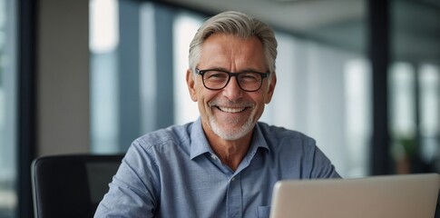Portrait of happy 50 years old business man executive standing in office using digital tablet. Middle aged businessman manager business owner working on professional finances project looking at camera