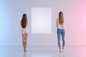 Two Women Viewing a Blank Canvas in a Minimalist Art Gallery with Soft Blue and Pink Lighting