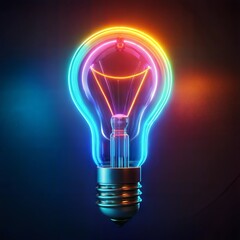 Neon Light Bulb Glowing in Rainbow Colors on Dark Background
