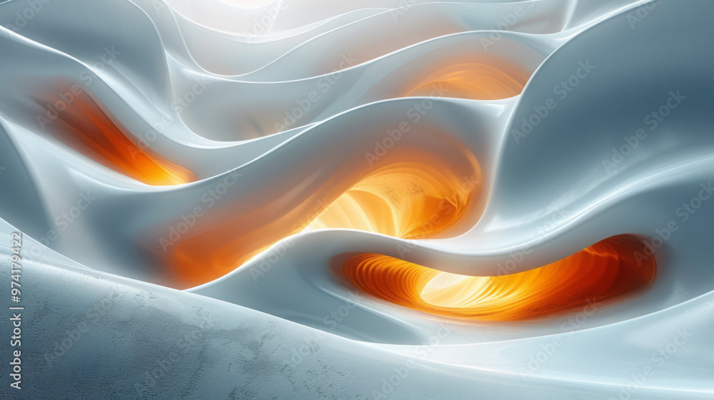 Poster an abstract, multi-layered 3d shape with smooth curves, softly lit from below,