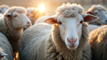 Fototapeta premium Close-up of sheep in a field at sunset, soft golden light, pastoral farming scene