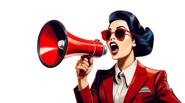 Retro style illustration of a young woman shouting into a megaphone