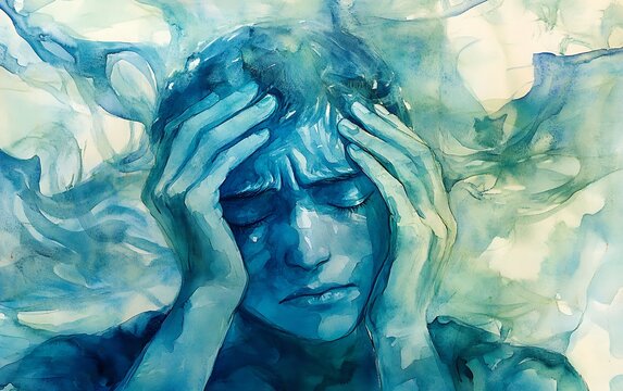 Aching in Hues of Blue and Green - Abstract Watercolor Art of a Sick Person in Pain